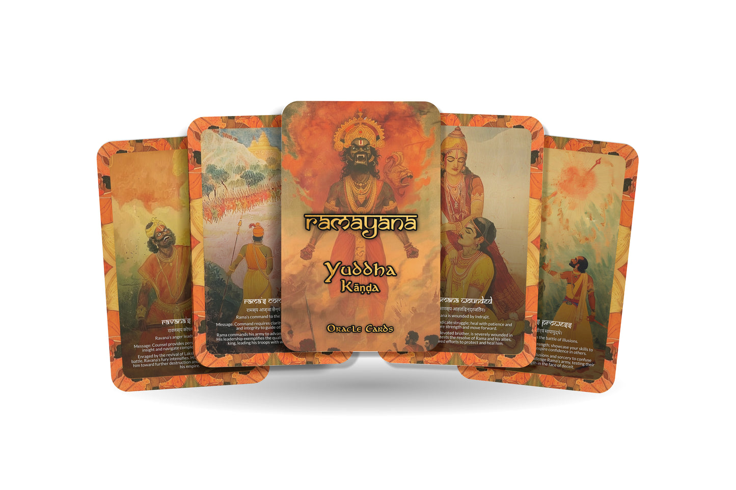 Yuddha Kāṇḍa Oracle Cards - 22 Cards - Battling inner and outer demons, symbolizing victory through righteousness, courage, and justice.