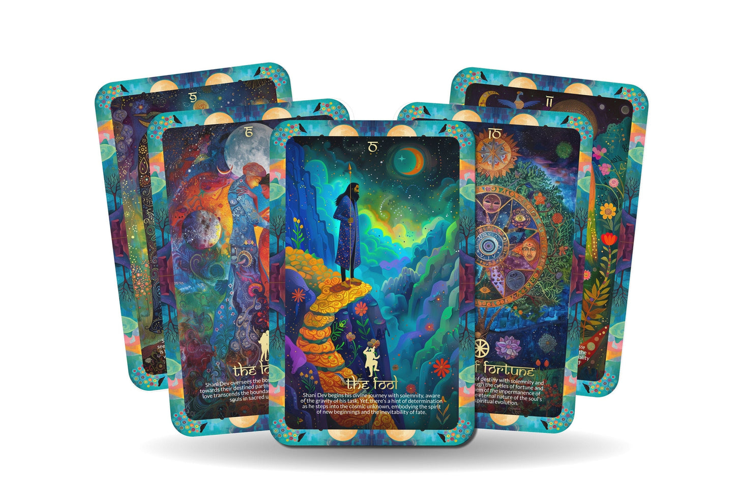 The Tarot of Shani Dev - Major Arcana -  unfolds a spiritual odyssey guided by the Hindu deity revered for wisdom and obstacle removal.